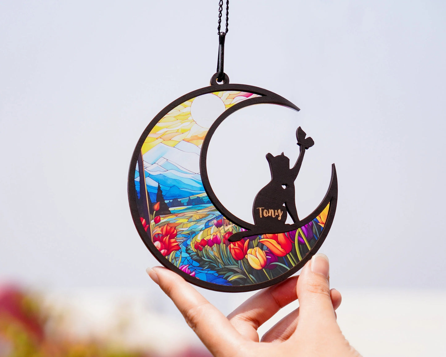 Netecom 10'' Cat Memorial Suncatcher – Custom Cat Name Remembrance Ornament, Loss of Pet Sympathy Gift, Cat Mom Memorial Decor, Pet Passing Away Decor