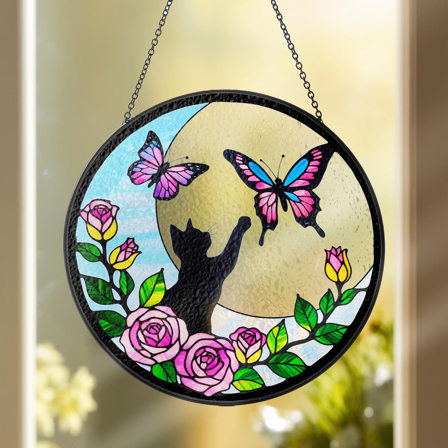Netecom Cat Stained Glass Butterfly on Moon Suncatcher – Black Cat Memorial Gift, Cat Lover Gift, Pet Loss Suncatcher, Unique Cat Decor for Home and Window
