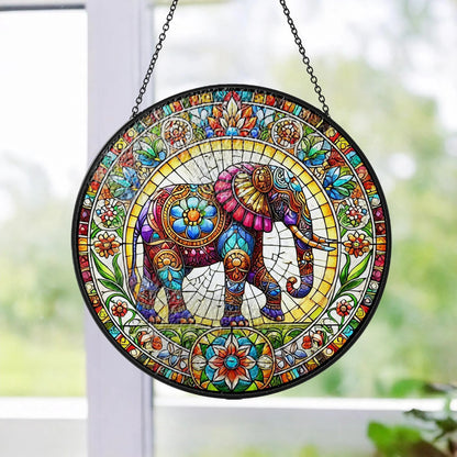 Netecom Elephant Stained Glass Suncatcher – Mandala Elephant Window Hanging Decor, Nature Animal Art, Gift for Elephant Lovers, Mom and Friends