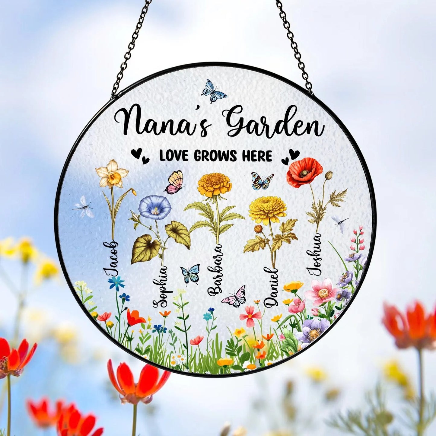 Netecom Personalized Grandma's Garden Suncatcher – Floral Gift for Grandmother, Mother’s Day Window Hanging, Grandkids Decor, Custom Family Keepsake