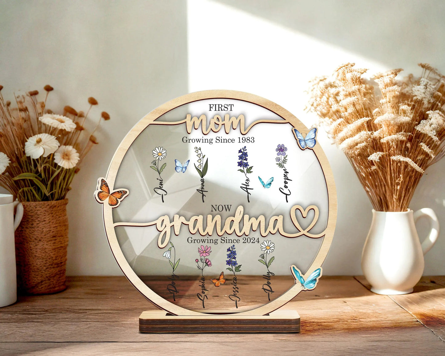 Netecom Grandma’s Garden Wooden Heart Frame Birth Month Flower Sign First Mom Now Grandma Gift Mother’s Day Keepsake