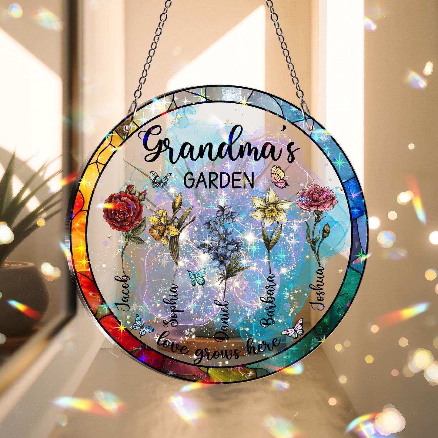 Netecom Personalized Mother’s Day Gift for Grandma – Grandma's Garden Hologram Suncatcher, Custom Birth Flower Crystal Window Hanging