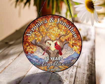Netecom Custom 40th Anniversary Stained Glass Suncatcher – Personalized Ruby Anniversary Gift, Cardinal Bird Window Hanging, Wedding Anniversary Keepsake for Parents or Couple