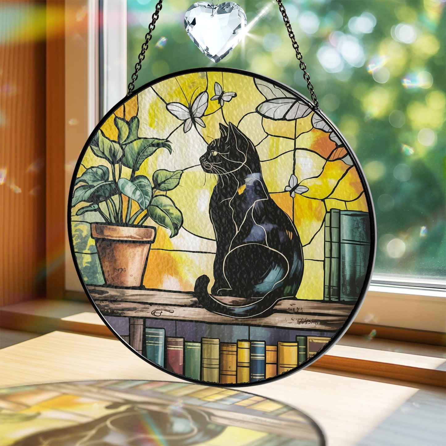 Netecom Black Cat Crystal Stained Glass Suncatcher – Elegant Window Hanging, Unique Cat Lover Gift, Artistic Home Decor, Mother’s Day and Birthday Gift
