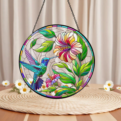 Netecom Hummingbird Stained Glass Suncatcher – Poppy Flower Window Hanging, Bird Lover Gift for Mom Grandma, Acrylic and Glass Home Decor