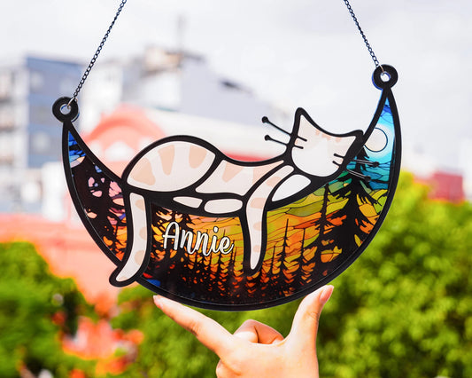 Netecom Sleeping Cat on Moon Memorial Suncatcher – Personalized Pet Loss Sympathy Gift, Acrylic Ornament for Cat Lovers, Pet Remembrance for Cat Passing