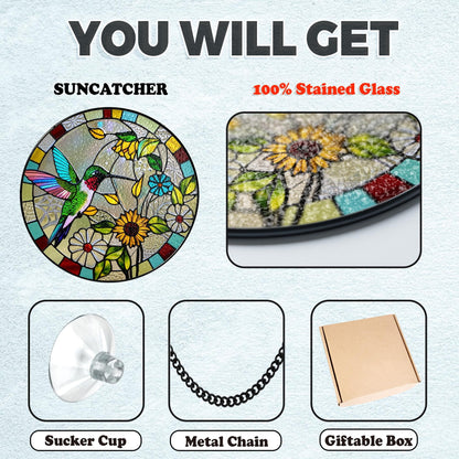 Netecom Hummingbird Sunflower Stained Glass Suncatcher – Window Hanging Bird Ornament and Sympathy Gift for Mom, Nature-Inspired Indoor Decor