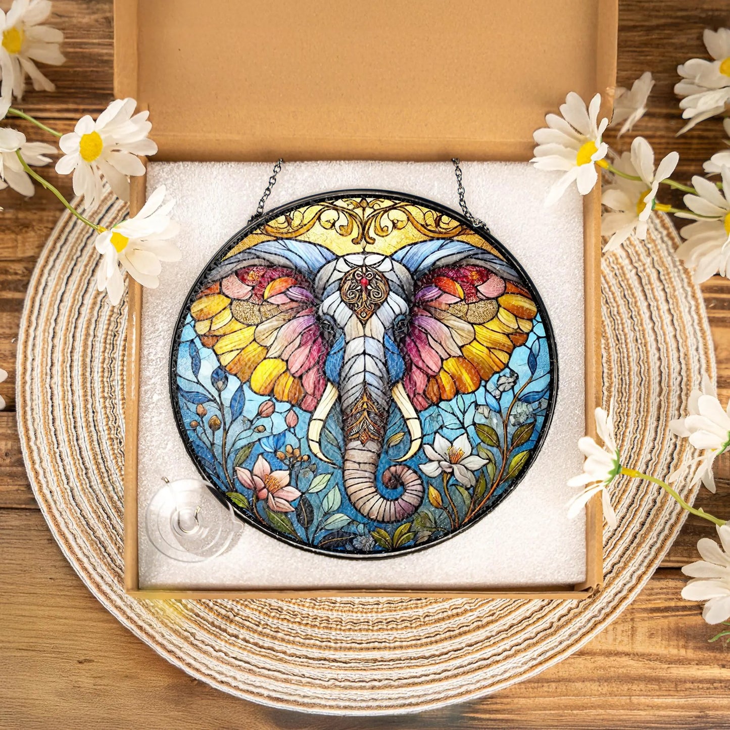 Netecom Elephant Stained Glass Suncatcher – Window Hanging Decor, Elephant Ornament Gift for Elephant Lovers, Nature and Animal Decor for Mom