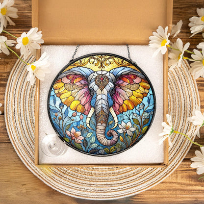 Netecom Elephant Stained Glass Suncatcher – Window Hanging Decor, Elephant Ornament Gift for Elephant Lovers, Nature and Animal Decor for Mom