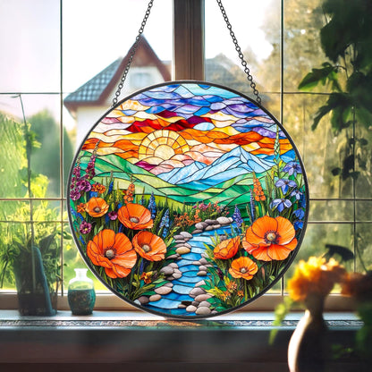 Netecom Mountain Wildflowers Stained Glass Suncatcher – Nature Poppy Flowers Window Hanging, Mother’s Day Gift for Mom Grandma Mama Nini Nana