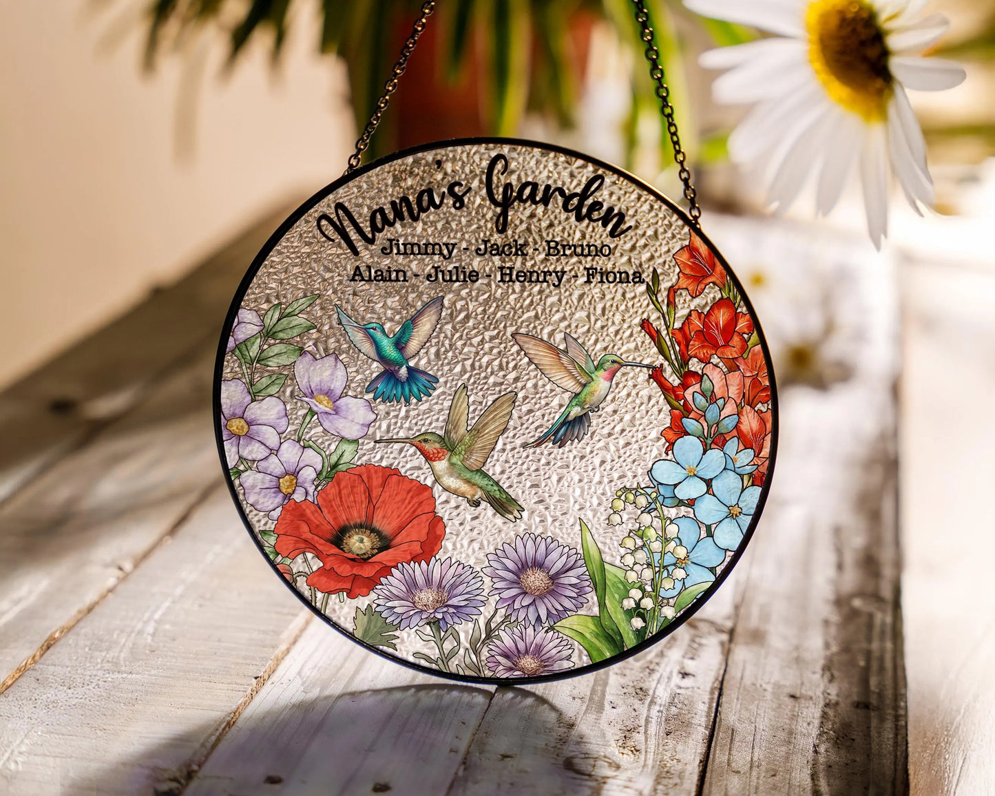 Netecom Personalized Grandma's Garden Gift – Hummingbird Stained Glass Suncatcher, Family Birth Flower, Mother’s Day Gift for Mom Grandma