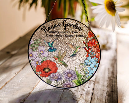 Netecom Personalized Grandma's Garden Gift – Hummingbird Stained Glass Suncatcher, Family Birth Flower, Mother’s Day Gift for Mom Grandma