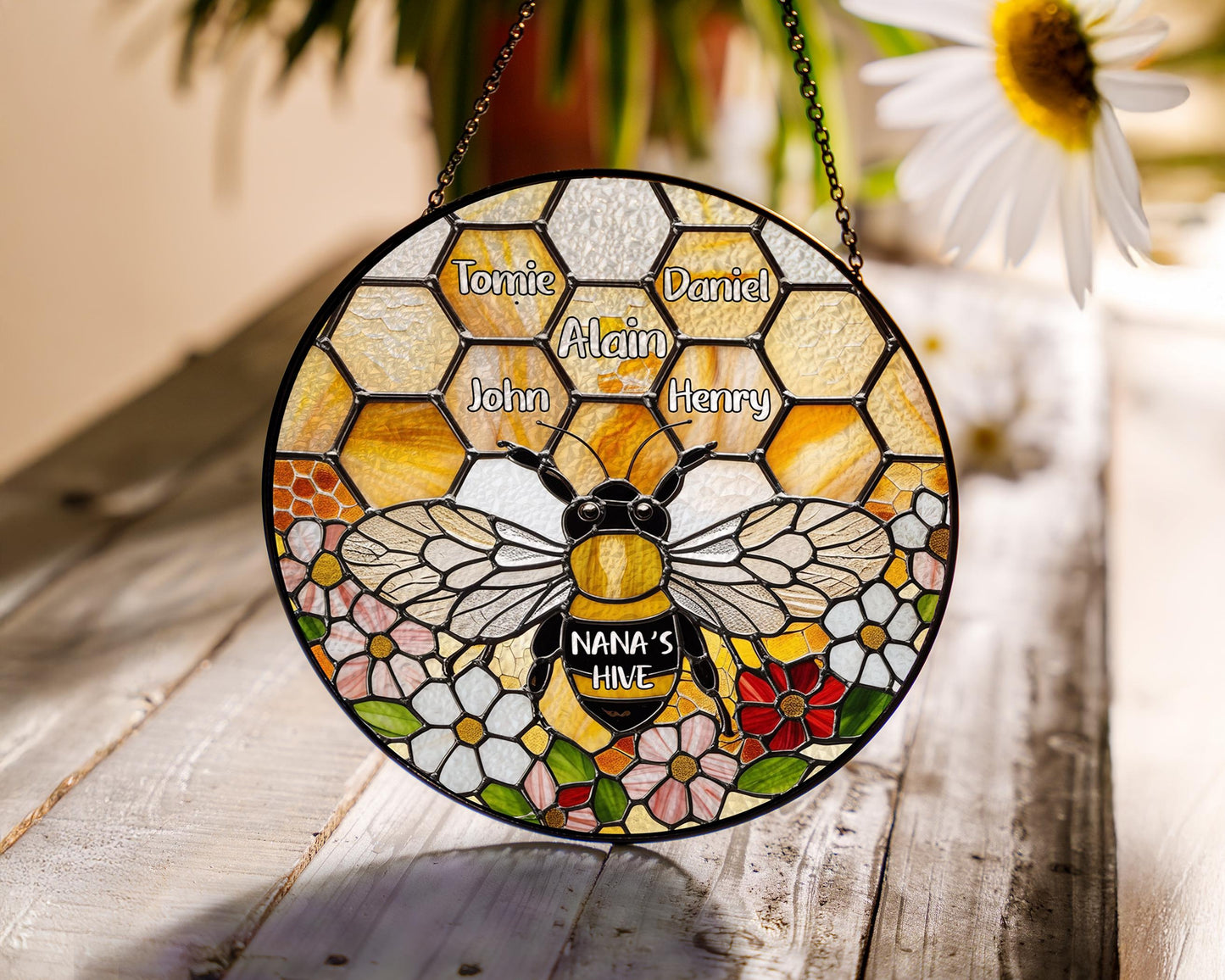 Netecom Personalized Grandma Garden Bee Stained Glass Suncatcher – Honeycomb Bee Window Hanging, Custom Kids Names, Mother’s Day Gift for Grandma and Garden Lovers
