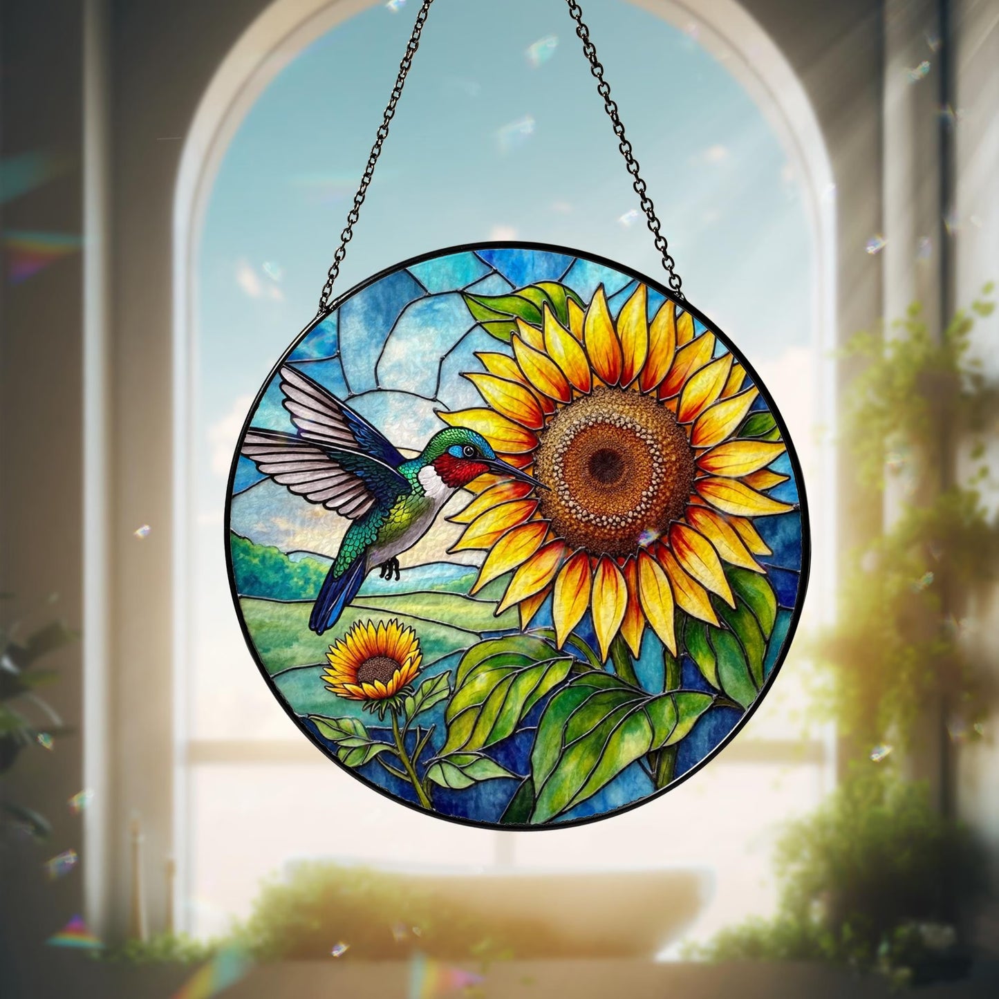 Netecom Hummingbird Sunflower Stained Glass Suncatcher – Window Hanging Bird Ornament and Sympathy Gift for Mom, Indoor Decor, Memory Keepsake