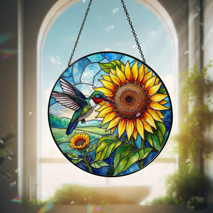 Netecom Hummingbird Sunflower Stained Glass Suncatcher – Window Hanging Bird Ornament and Sympathy Gift for Mom, Indoor Decor, Memory Keepsake