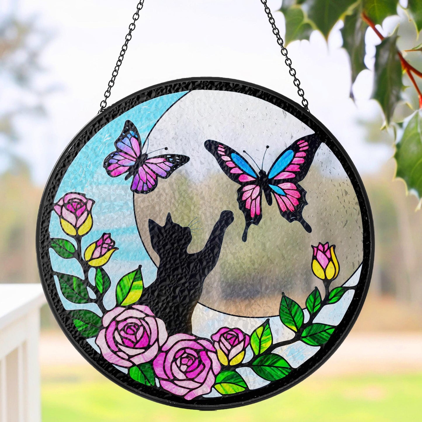 Netecom Cat Stained Glass Butterfly on Moon Suncatcher – Black Cat Memorial Gift, Cat Lover Gift, Pet Loss Suncatcher, Unique Cat Decor for Home and Window