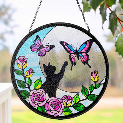 Netecom Cat Stained Glass Butterfly on Moon Suncatcher – Black Cat Memorial Gift, Cat Lover Gift, Pet Loss Suncatcher, Unique Cat Decor for Home and Window