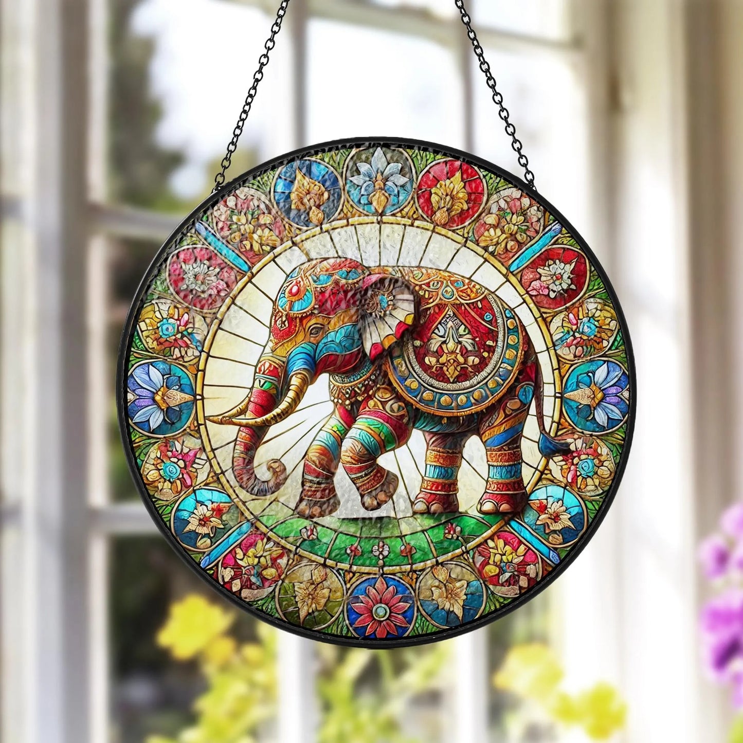 Netecom Elephant Stained Glass Suncatcher – Mandala Elephant Window Hanging Decor, Nature Animal Art, Gift for Elephant Lovers, Mom and Friends