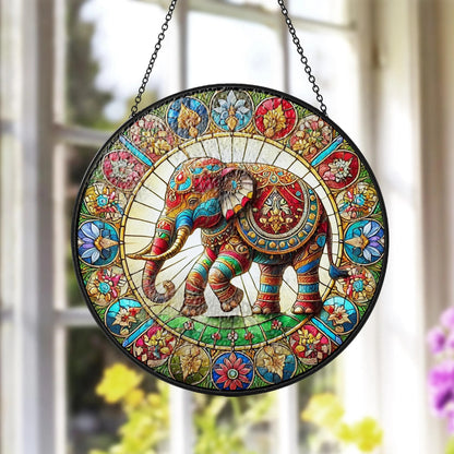 Netecom Elephant Stained Glass Suncatcher – Mandala Elephant Window Hanging Decor, Nature Animal Art, Gift for Elephant Lovers, Mom and Friends