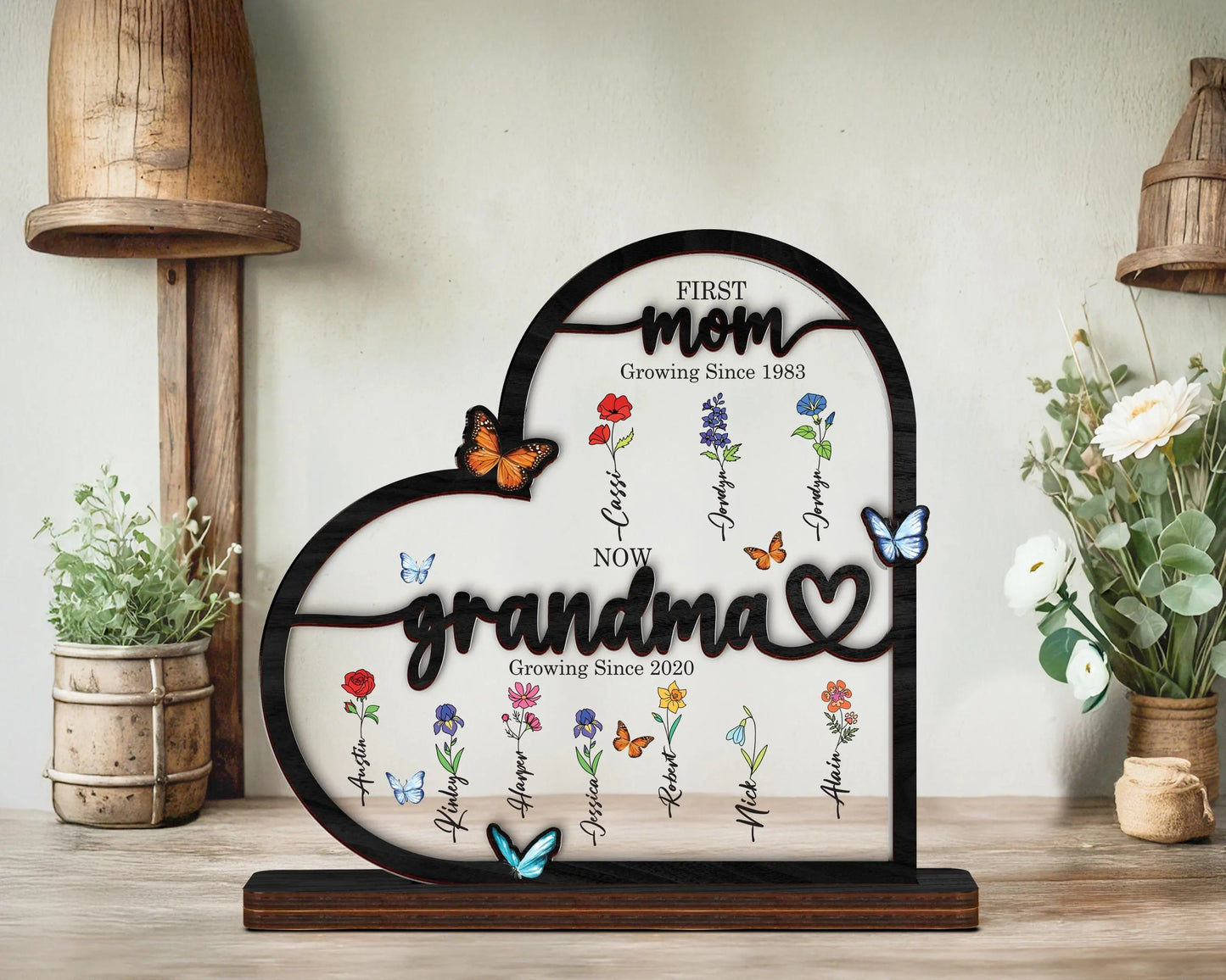 Netecom Grandma’s Garden Wooden Heart Frame Birth Month Flower Sign First Mom Now Grandma Gift Mother’s Day Keepsake
