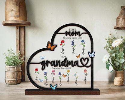 Netecom Grandma’s Garden Wooden Heart Frame Birth Month Flower Sign First Mom Now Grandma Gift Mother’s Day Keepsake