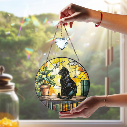 Netecom Black Cat Crystal Stained Glass Suncatcher – Elegant Window Hanging, Unique Cat Lover Gift, Artistic Home Decor, Mother’s Day and Birthday Gift