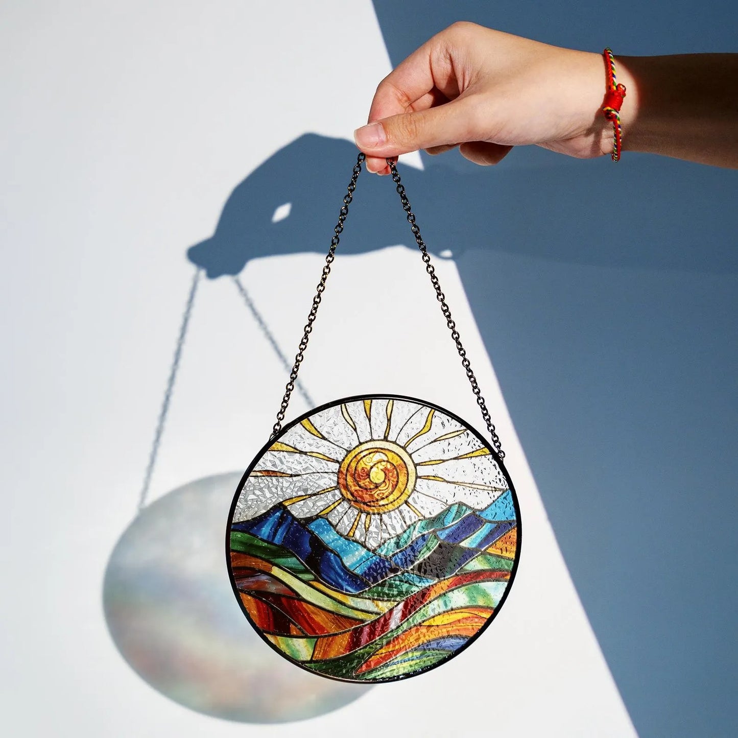 Netecom Mountain Range Stained Glass Suncatcher – Nature-Inspired Window Hanging, Sunrise and Sunset Decor for Home