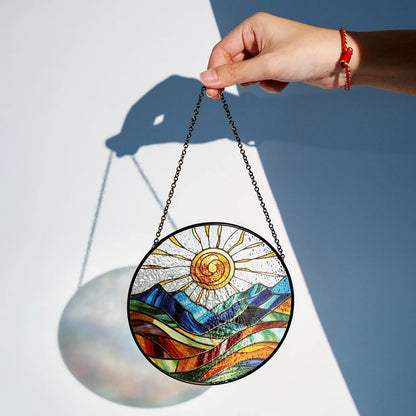 Netecom Mountain Range Stained Glass Suncatcher – Nature-Inspired Window Hanging, Sunrise and Sunset Decor for Home