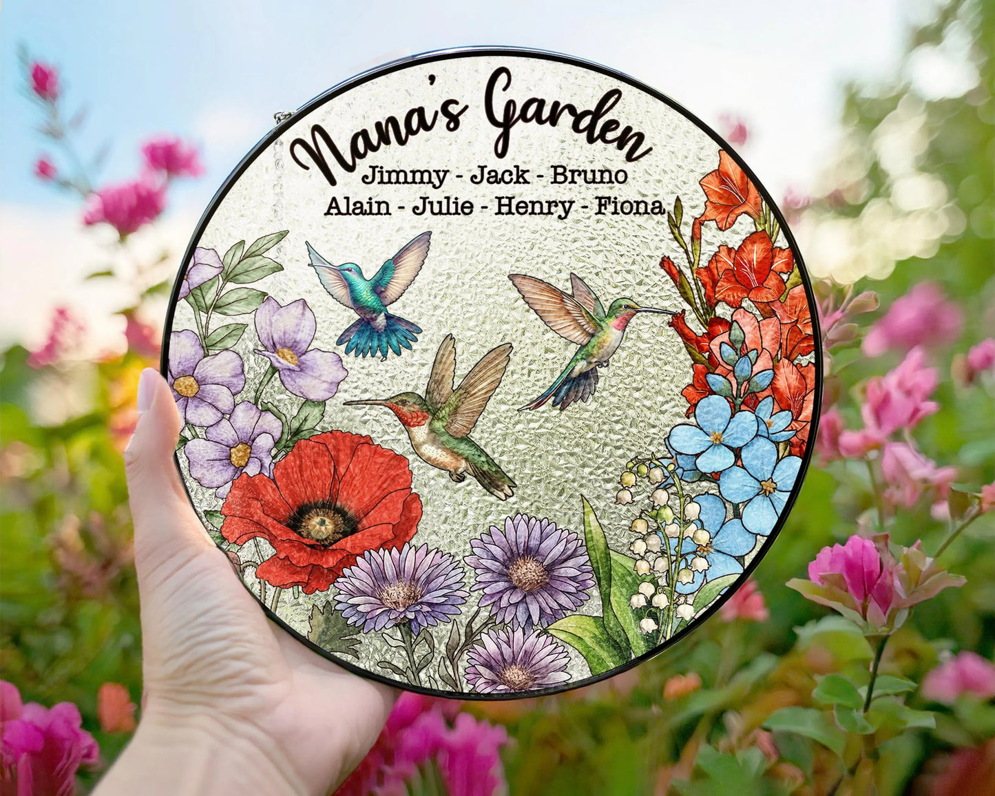 Netecom Personalized Grandma's Garden Gift – Hummingbird Stained Glass Suncatcher, Family Birth Flower, Mother’s Day Gift for Mom Grandma
