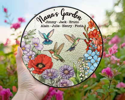Netecom Personalized Grandma's Garden Gift – Hummingbird Stained Glass Suncatcher, Family Birth Flower, Mother’s Day Gift for Mom Grandma