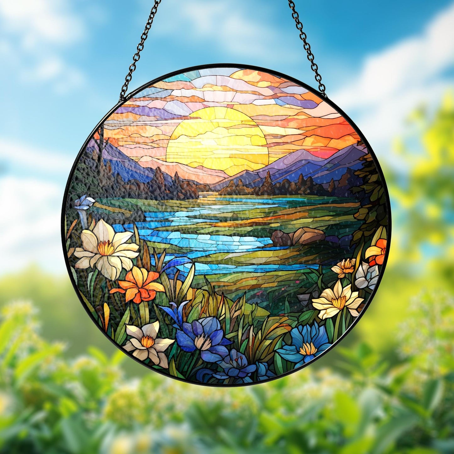 Netecom Mountain Wildflowers Stained Glass Suncatcher – Nature Poppy Flowers Window Hanging, Mother’s Day Gift for Mom Grandma Mama Nini Nana