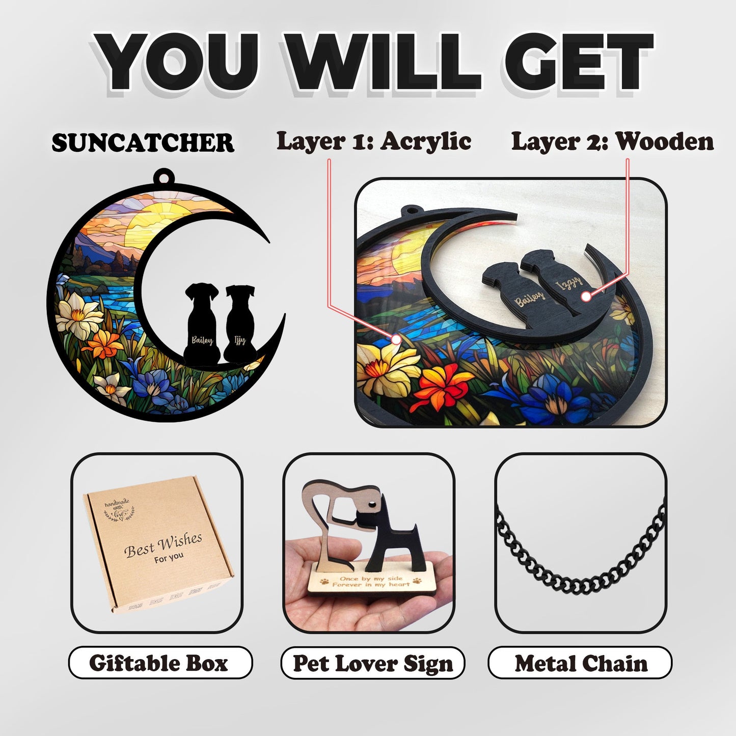 Netecom 2-3 Pets Passing Away Memorial Ornament – Dog & Cat Memorial Suncatcher, Loss of Pet Sympathy Gift, Dog Mom Stained Glass, Rainbow Bridge Remembrance