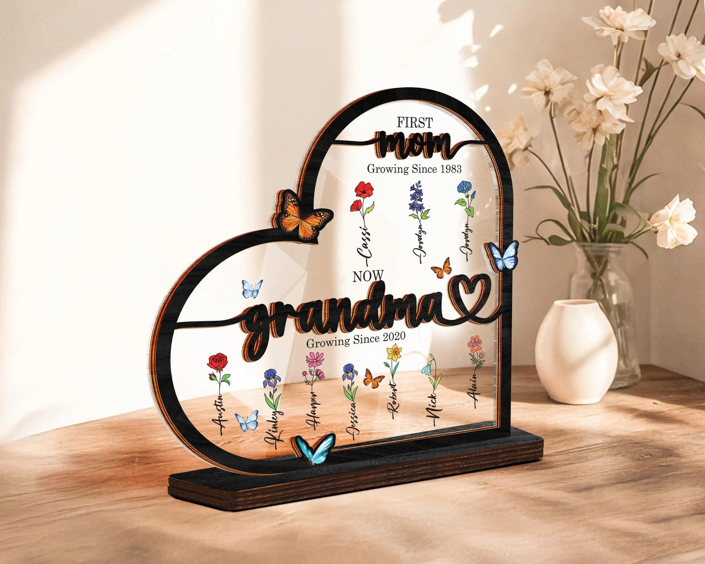 Netecom Grandma’s Garden Wooden Heart Frame Birth Month Flower Sign First Mom Now Grandma Gift Mother’s Day Keepsake