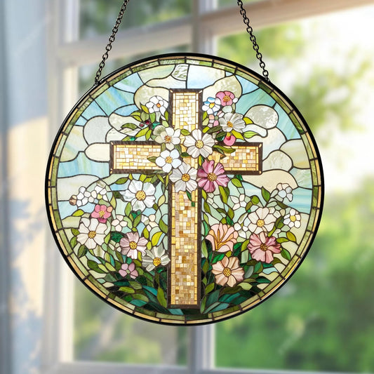 Netecom Christian Cross Wildflower Stained Glass Suncatcher – Religious Window Decor, Easter Faith Cross, Inspirational Jesus Home Decor Gift