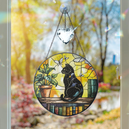 Netecom Black Cat Crystal Stained Glass Suncatcher – Elegant Window Hanging, Unique Cat Lover Gift, Artistic Home Decor, Mother’s Day and Birthday Gift