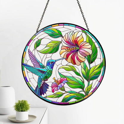 Netecom Hummingbird Stained Glass Suncatcher – Poppy Flower Window Hanging, Bird Lover Gift for Mom Grandma, Acrylic and Glass Home Decor
