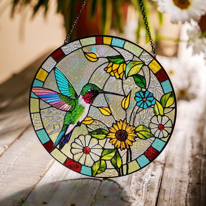 Netecom Hummingbird Sunflower Stained Glass Suncatcher – Window Hanging Bird Ornament and Sympathy Gift for Mom, Nature-Inspired Indoor Decor