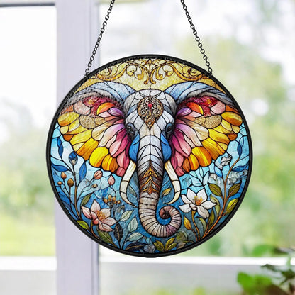 Netecom Elephant Stained Glass Suncatcher – Window Hanging Decor, Elephant Ornament Gift for Elephant Lovers, Nature and Animal Decor for Mom