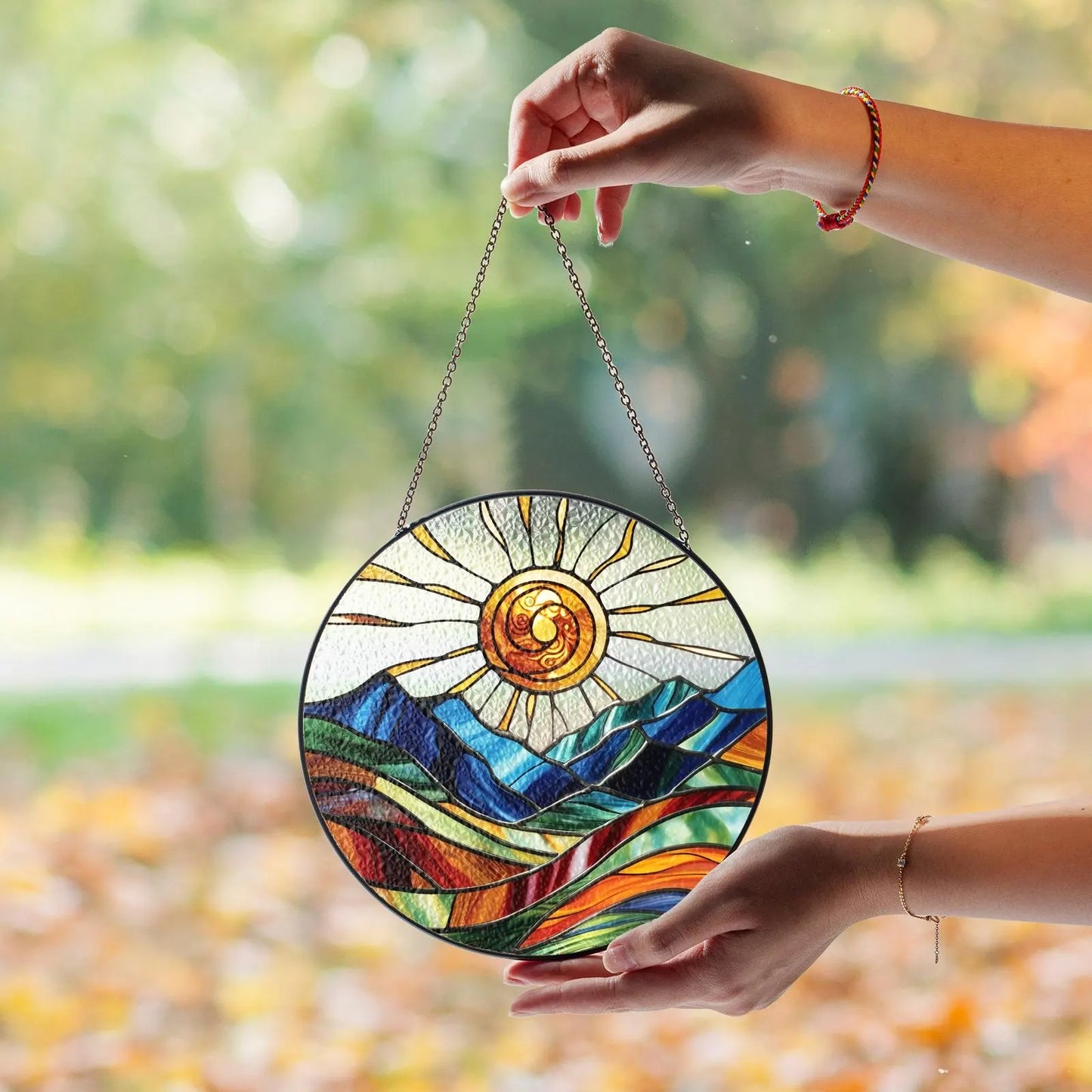 Netecom Mountain Range Stained Glass Suncatcher – Nature-Inspired Window Hanging, Sunrise and Sunset Decor for Home