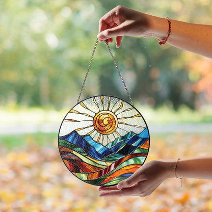 Netecom Mountain Range Stained Glass Suncatcher – Nature-Inspired Window Hanging, Sunrise and Sunset Decor for Home