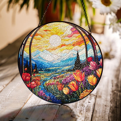 Netecom Mountain Wildflowers Stained Glass Suncatcher – Nature Poppy Flowers Window Hanging, Mother’s Day Gift for Mom Grandma Mama Nini Nana