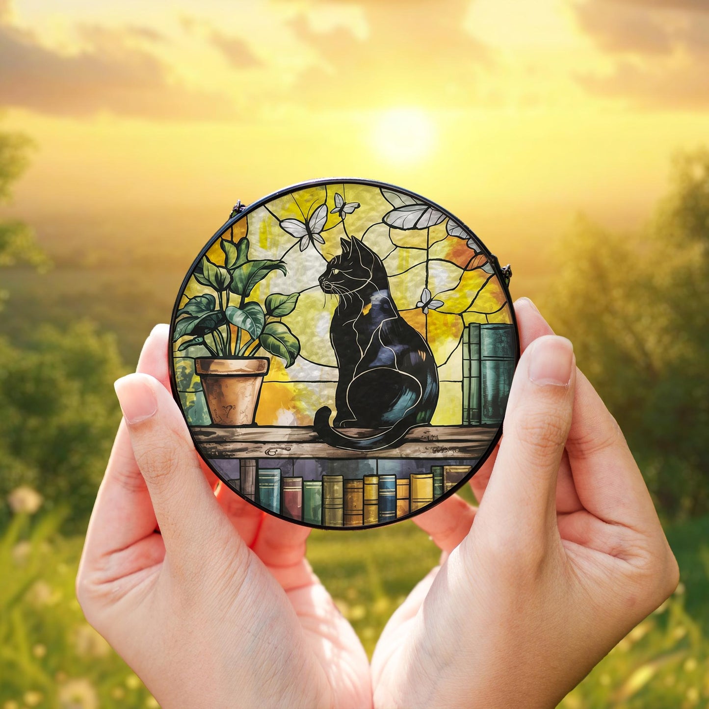 Netecom Black Cat Crystal Stained Glass Suncatcher – Elegant Window Hanging, Unique Cat Lover Gift, Artistic Home Decor, Mother’s Day and Birthday Gift