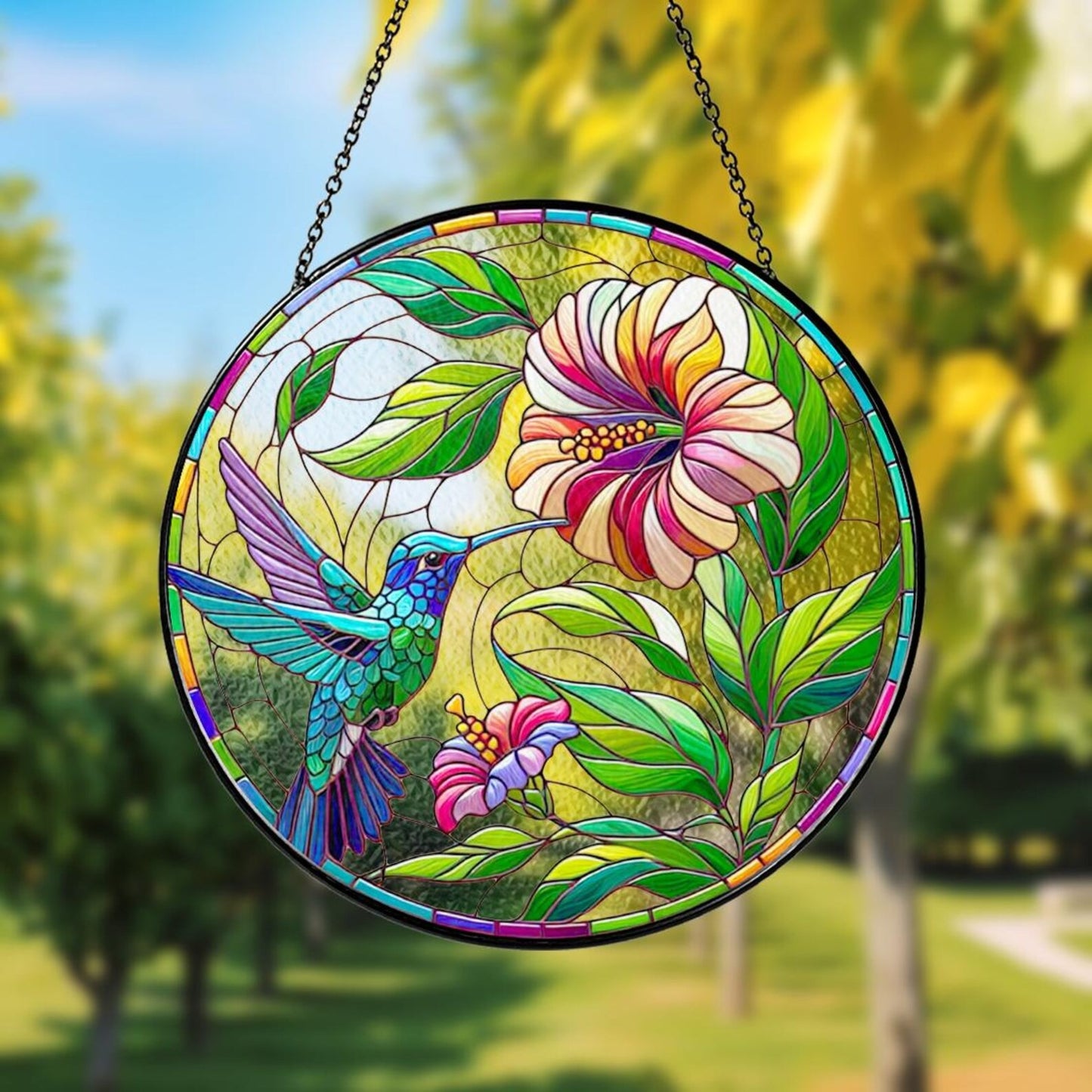 Netecom Hummingbird Stained Glass Suncatcher – Poppy Flower Window Hanging, Bird Lover Gift for Mom Grandma, Acrylic and Glass Home Decor