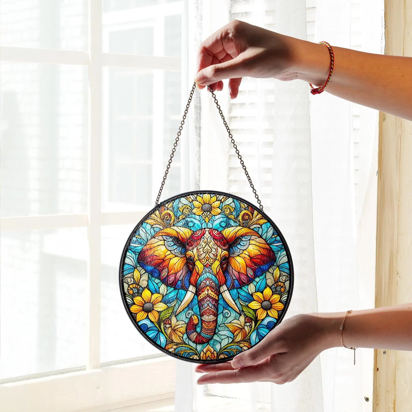 Netecom Elephant Stained Glass Suncatcher – Window Hanging Decor, Elephant Ornament Gift for Elephant Lovers, Nature and Animal Decor for Mom