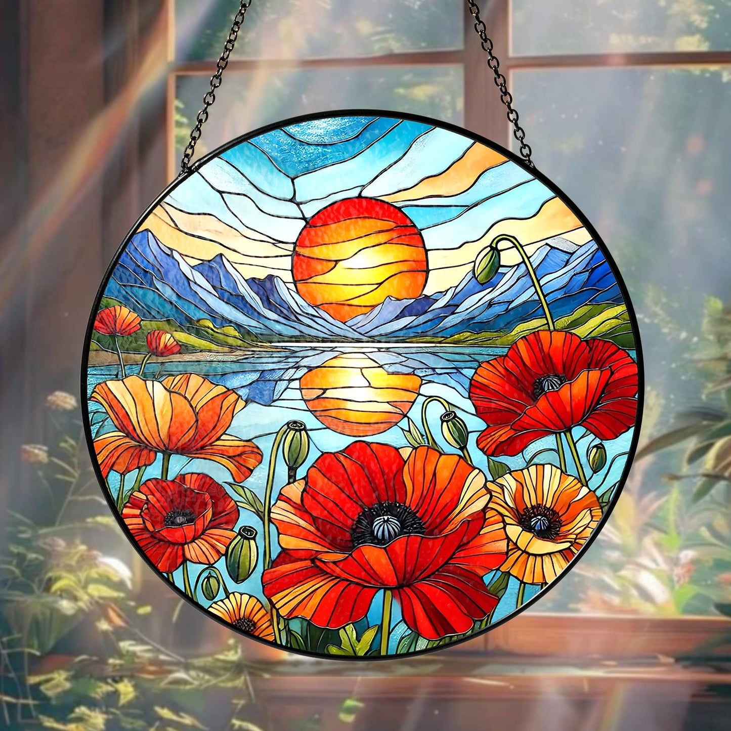 Netecom Mountain Wildflowers Stained Glass Suncatcher – Nature Poppy Flowers Window Hanging, Mother’s Day Gift for Mom Grandma Mama Nini Nana
