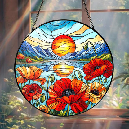 Netecom Mountain Wildflowers Stained Glass Suncatcher – Nature Poppy Flowers Window Hanging, Mother’s Day Gift for Mom Grandma Mama Nini Nana