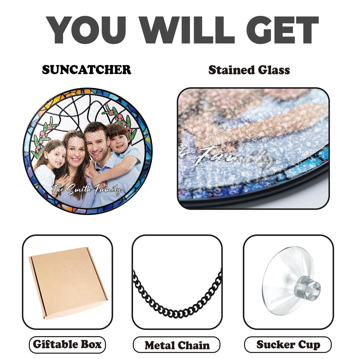 Netecom Personalized Family Photo Stained Glass Suncatcher – Custom Family Portrait Window Hanging, Gift for Mom Dad Grandma Couple Wedding Christmas