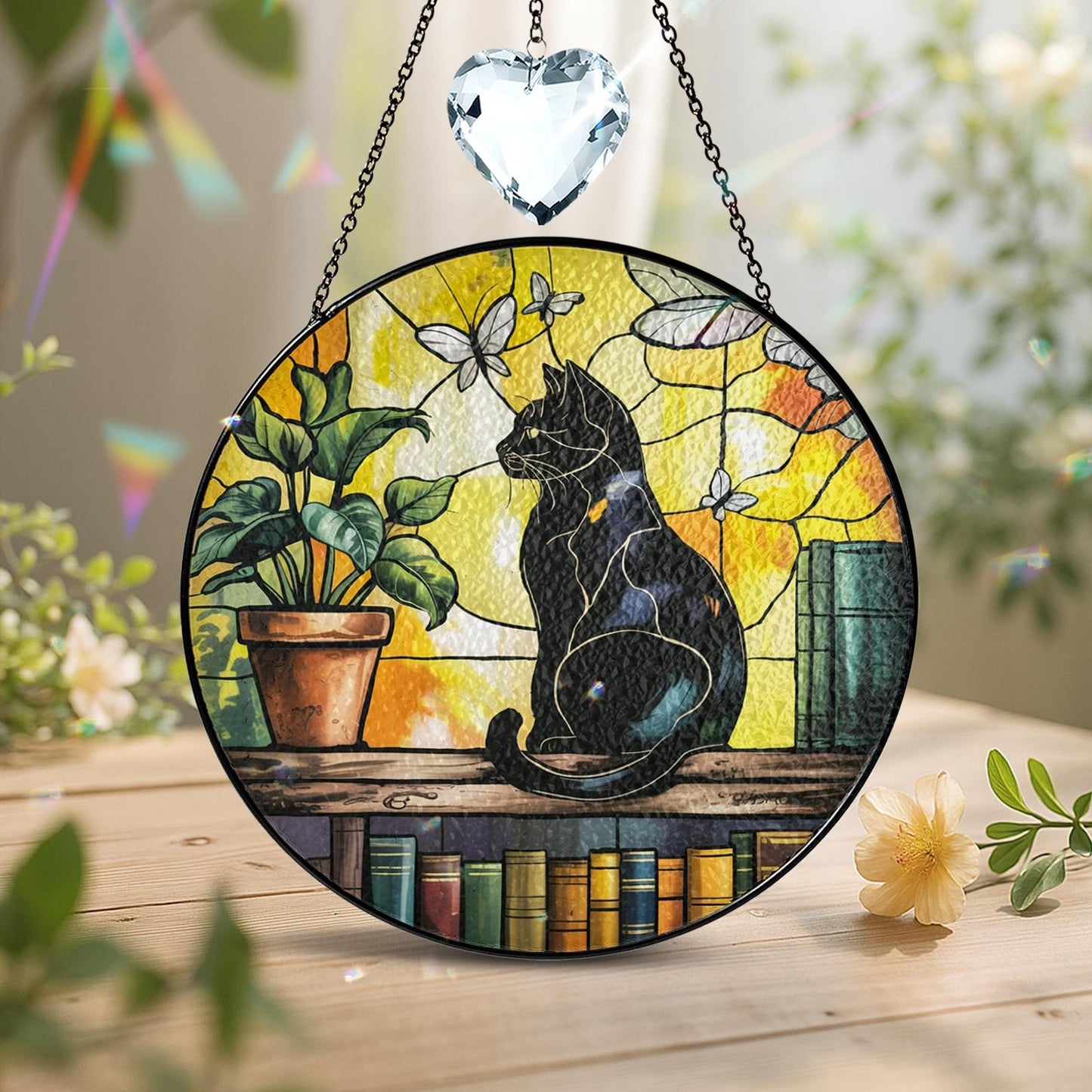 Netecom Black Cat Crystal Stained Glass Suncatcher – Elegant Window Hanging, Unique Cat Lover Gift, Artistic Home Decor, Mother’s Day and Birthday Gift