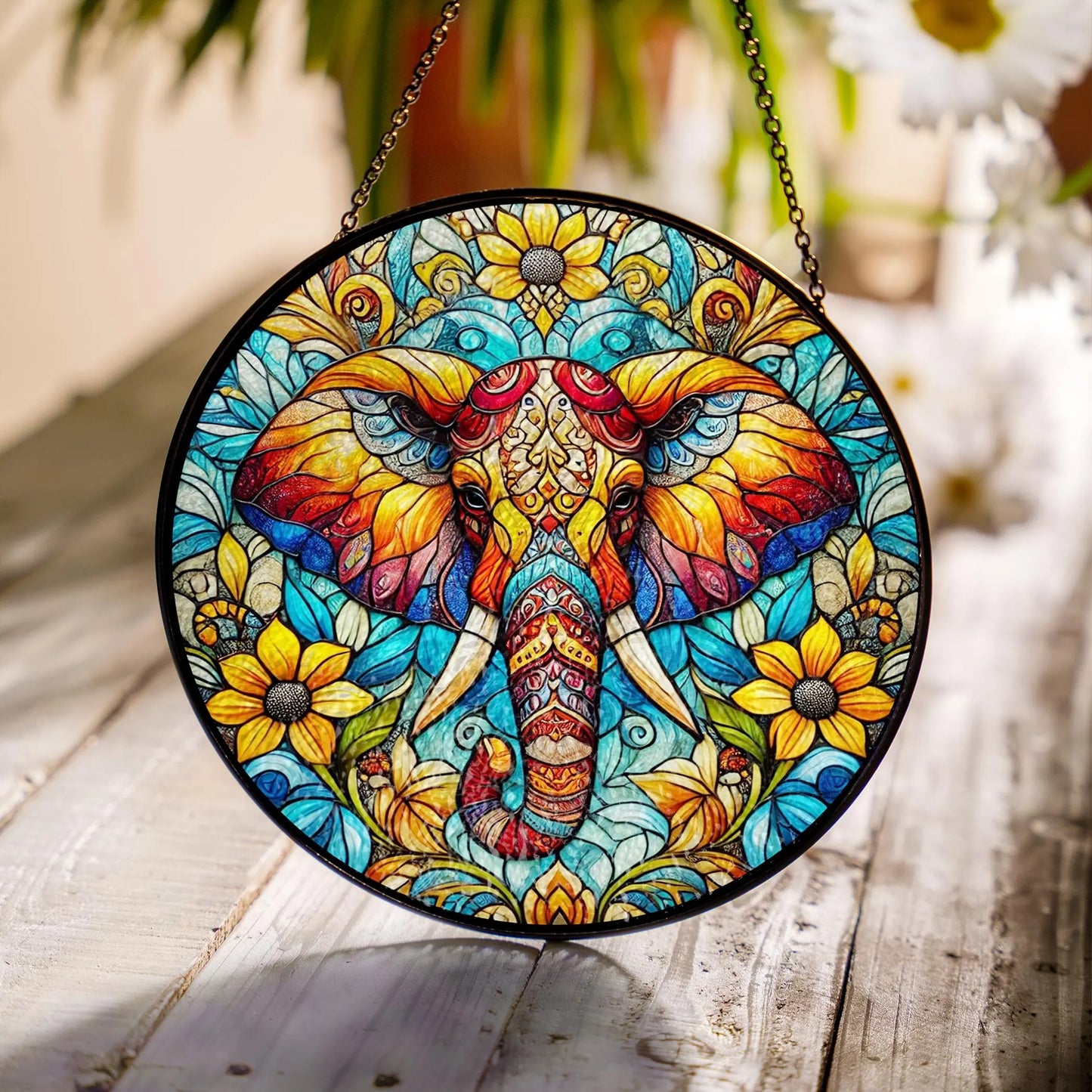 Netecom Elephant Stained Glass Suncatcher – Window Hanging Decor, Elephant Ornament Gift for Elephant Lovers, Nature and Animal Decor for Mom