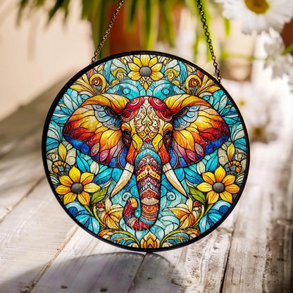 Netecom Elephant Stained Glass Suncatcher – Window Hanging Decor, Elephant Ornament Gift for Elephant Lovers, Nature and Animal Decor for Mom